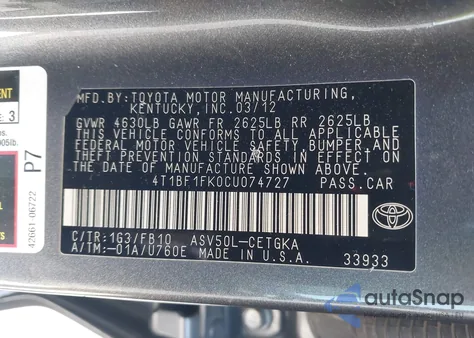 2012 Toyota Camry Xle z USA, uszkodzony, nr VIN 4T1BF1FK0CU074727